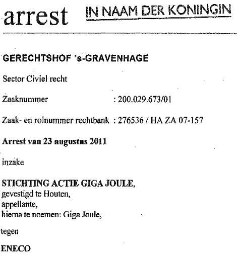 Uitspraak Actie Giga Joule versus Eneco in Hoger Beroep.